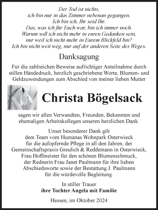 Traueranzeige von Christa Bögelsack von Volksstimme Halberstadt