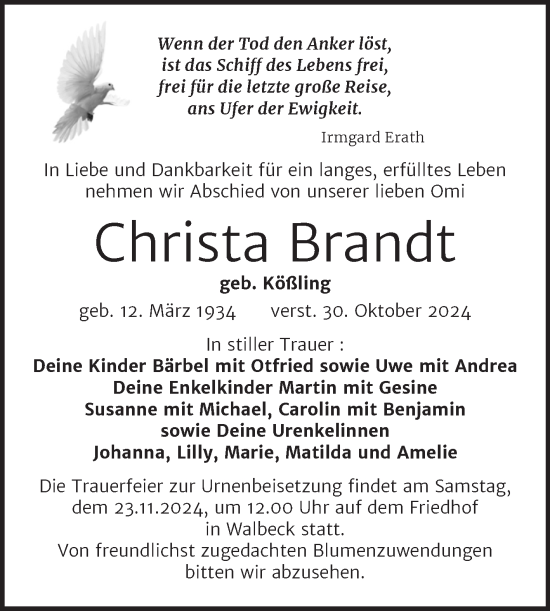 Traueranzeige von Christa Brandt von Trauerkombi Mansfelder Land