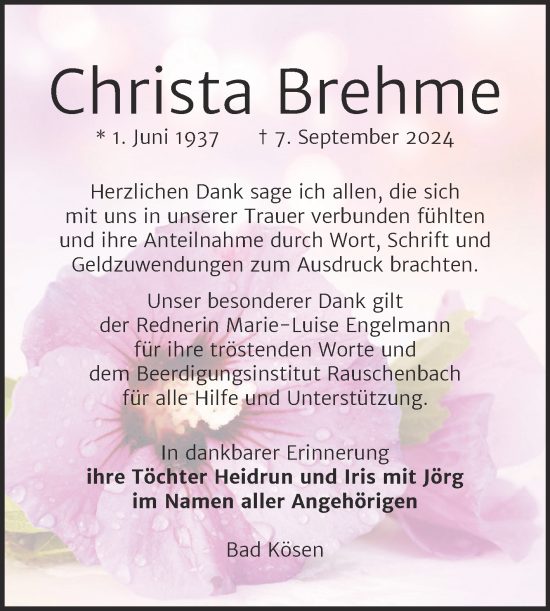 Traueranzeige von Christa Brehme von Naumburger Tageblatt