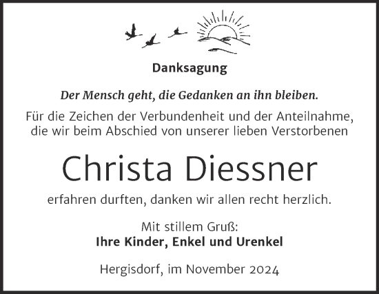 Traueranzeige von Christa Diessner von Trauerkombi Mansfelder Land