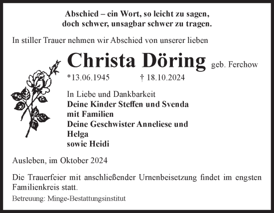 Traueranzeige von Christa Döring von Volksstimme Oschersleben/Wanzleben