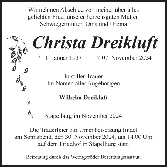 Traueranzeige von Christa Dreikluft von Volksstimme Wernigerode