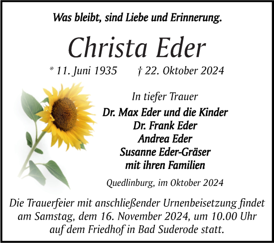 Traueranzeige von Christa Eder von Trauerkombi Quedlinburg