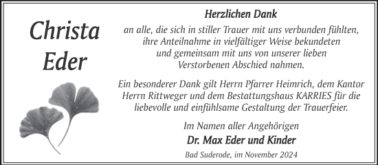 Traueranzeige von Christa Eder von Trauerkombi Quedlinburg