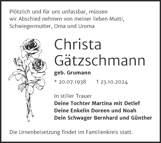 Traueranzeige von Christa Gätzschmann von Trauerkombi Dessau