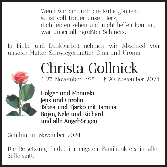 Traueranzeige von Christa Gollnick von Volksstimme Burg/Genthin