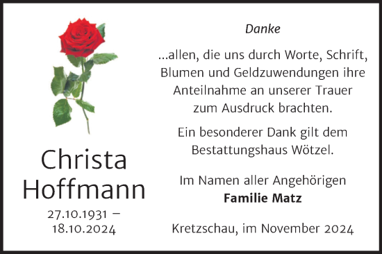Traueranzeige von Christa Hoffmann von Trauerkombi Zeitz