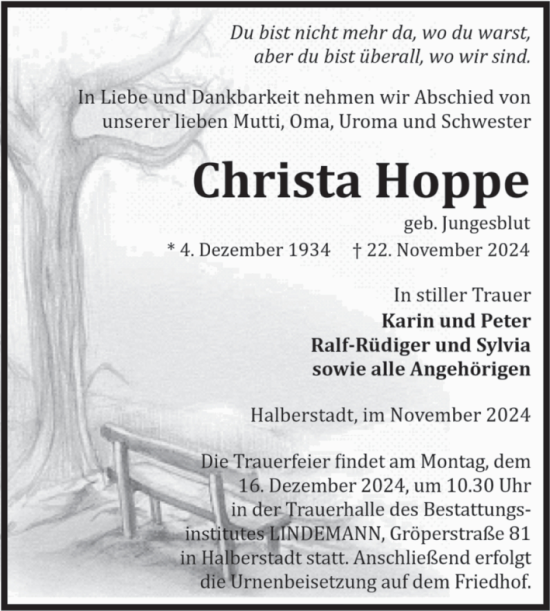 Traueranzeige von Christa Hoppe von Volksstimme Halberstadt
