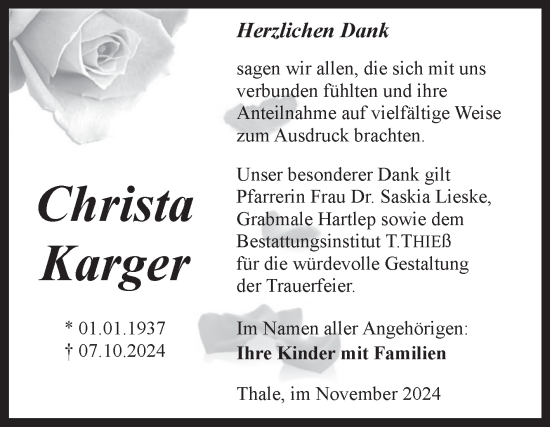 Traueranzeige von Christa Karger von Trauerkombi Quedlinburg