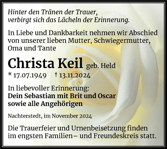 Traueranzeige von Christa Keil von Trauerkombi Aschersleben