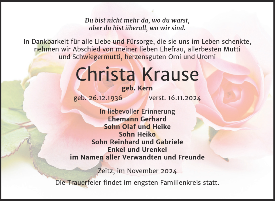 Traueranzeige von Christa Krause von Trauerkombi Zeitz