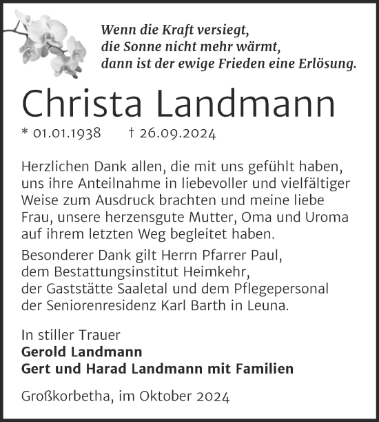 Traueranzeige von Christa Landmann von Trauerkombi Weißenfels