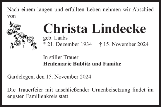 Traueranzeige von Christa Lindecke von Volksstimme Altmark West