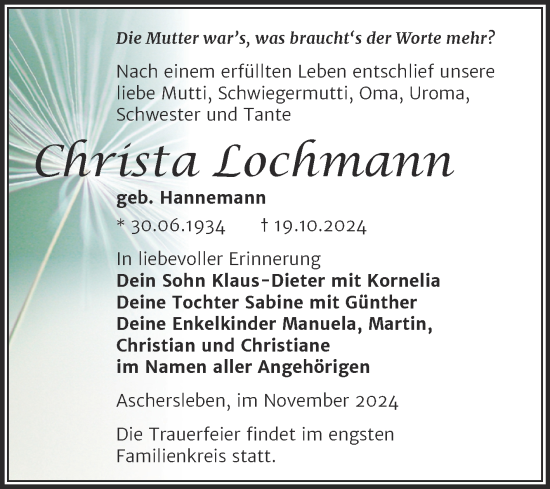 Traueranzeige von Christa Lochmann von Trauerkombi Aschersleben