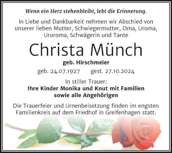 Traueranzeige von Christa Münch von Trauerkombi Mansfelder Land