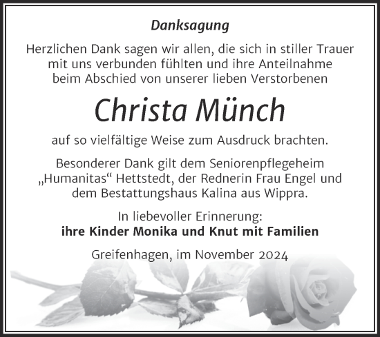 Traueranzeige von Christa Münch von Trauerkombi Mansfelder Land