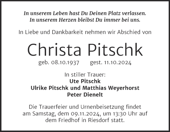 Traueranzeige von Christa Pitschk von Trauerkombi Köthen