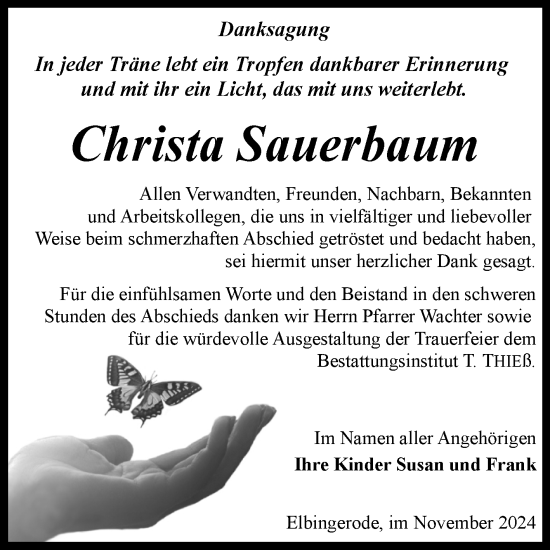 Traueranzeige von Christa Sauerbaum von Volksstimme Wernigerode