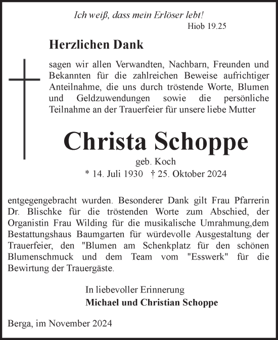Traueranzeige von Christa Schoppe von Trauerkombi Sangerhausen