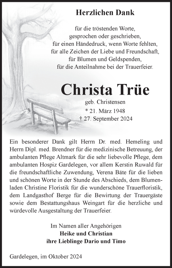 Traueranzeige von Christa Trüe von Volksstimme Altmark West