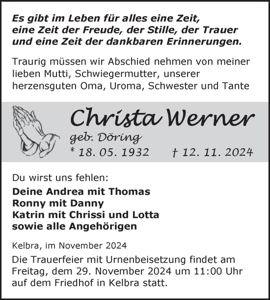 Traueranzeige von Christa Werner von Trauerkombi Sangerhausen