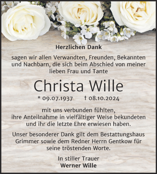 Traueranzeige von Christa Wille von Trauerkombi Mansfelder Land