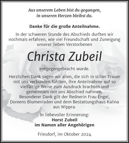 Traueranzeige von Christa Zubeil von Trauerkombi Mansfelder Land