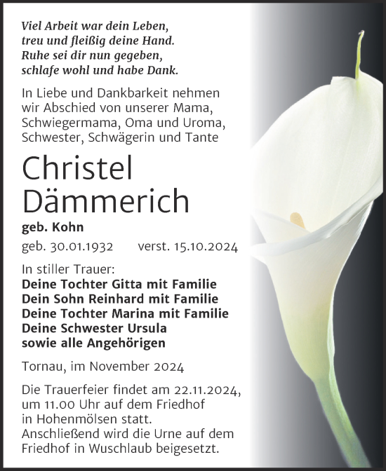 Traueranzeige von Christel Dämmerich von Trauerkombi Weißenfels