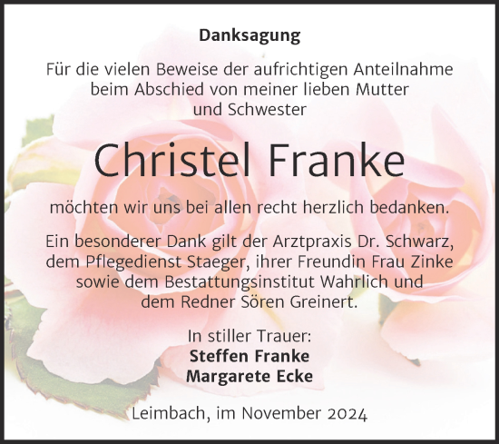 Traueranzeige von Christel Franke von Trauerkombi Mansfelder Land