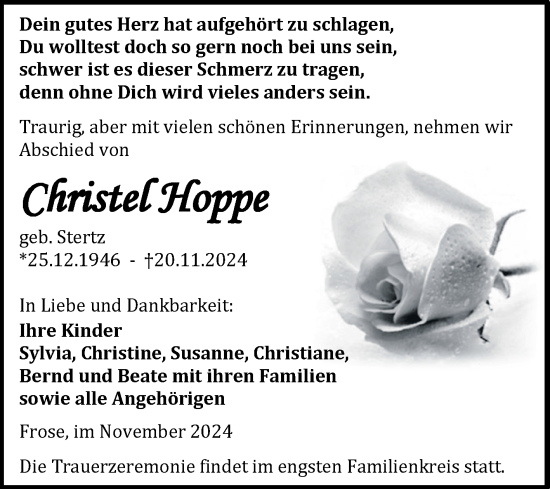 Traueranzeige von Christel Hoppe von Trauerkombi Aschersleben