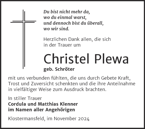 Traueranzeige von Christel Plewa von Trauerkombi Mansfelder Land