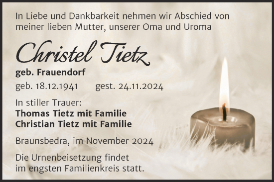 Traueranzeige von Christel Tietz von Trauerkombi Merseburg