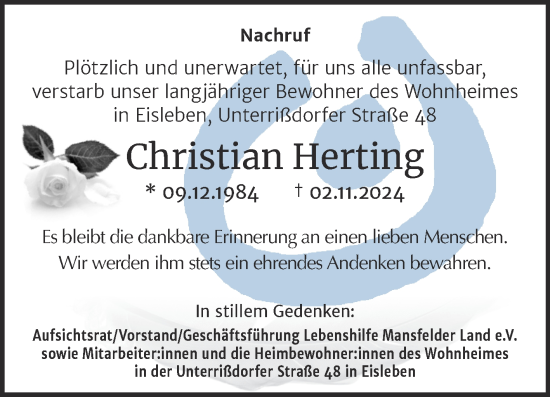 Traueranzeige von Christian Herting von Mitteldeutsche Zeitung Mansfelder Land