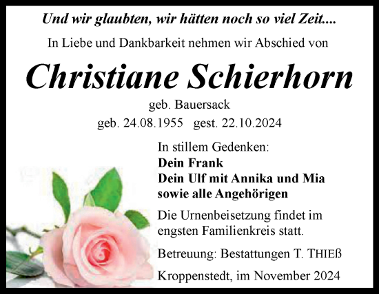 Traueranzeige von Christiane Schierhorn von Volksstimme Halberstadt