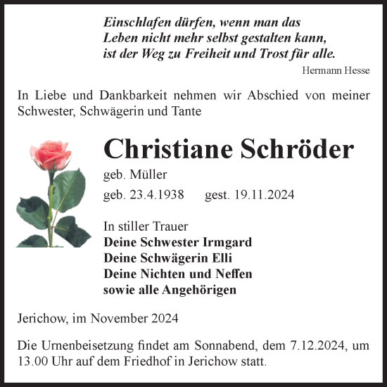 Traueranzeige von Christiane Schröder von Volksstimme Burg/Genthin