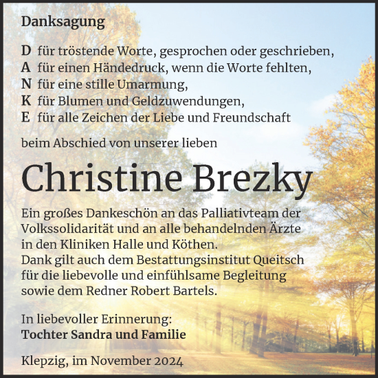 Traueranzeige von Christine Brezky von Trauerkombi Köthen