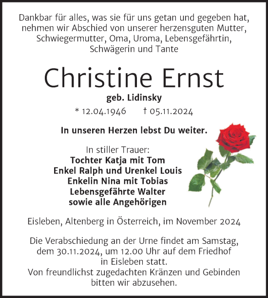 Traueranzeige von Christine Ernst von Trauerkombi Mansfelder Land