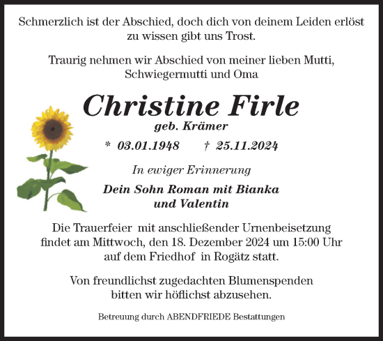 Traueranzeige von Christine Firle von Volksstimme Haldensleben/Wolmirstedt