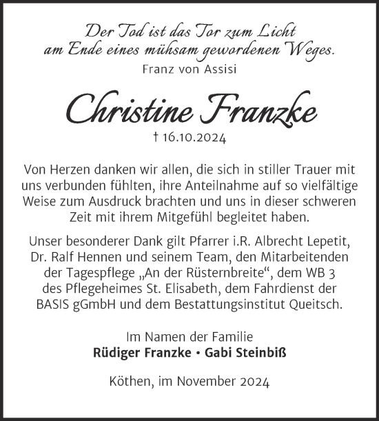 Traueranzeige von Christine Franzke von Trauerkombi Köthen