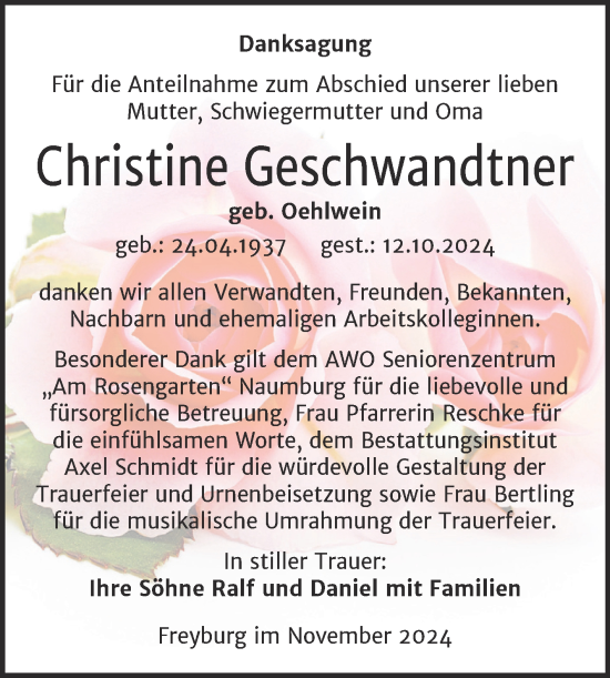 Traueranzeige von Christine Geschwandtner von Super Sonntag Naumburg/Nebra