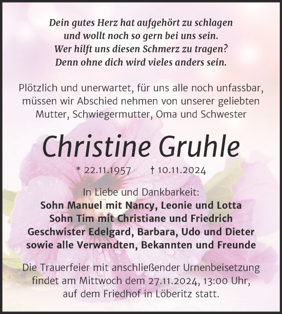 Traueranzeige von Christine Gruhle von Trauerkombi Bitterfeld