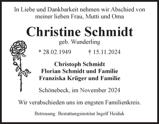 Traueranzeige von Christine Schmidt von Volksstimme Schönebeck