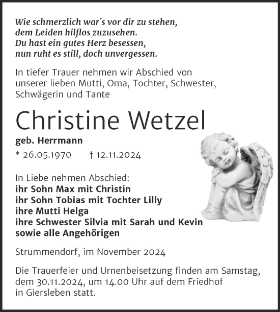 Traueranzeige von Christine Wetzel von Trauerkombi Aschersleben