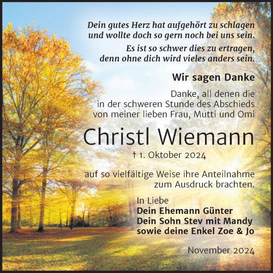 Traueranzeige von Christl Wiemann von Trauerkombi Bitterfeld