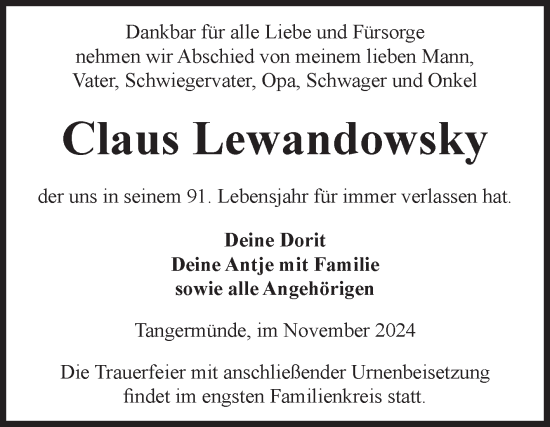 Traueranzeige von Claus Lewandowsky von Volksstimme Altmark Ost
