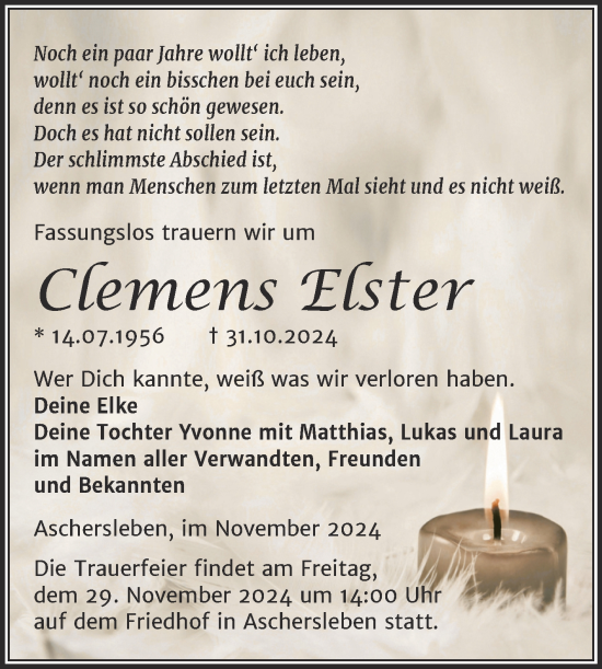 Traueranzeige von Clemens Elster von Trauerkombi Aschersleben