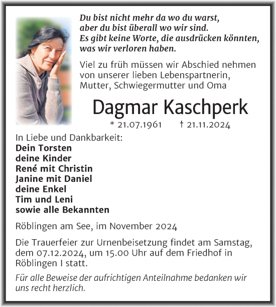 Traueranzeige von Dagmar Kaschperk von Trauerkombi Mansfelder Land