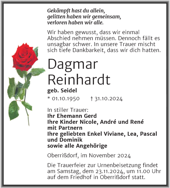 Traueranzeige von Dagmar Reinhardt von Trauerkombi Mansfelder Land