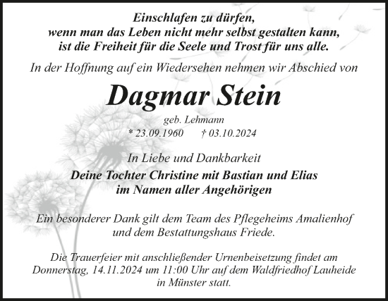 Traueranzeige von Dagmar Stein von Trauerkombi Dessau