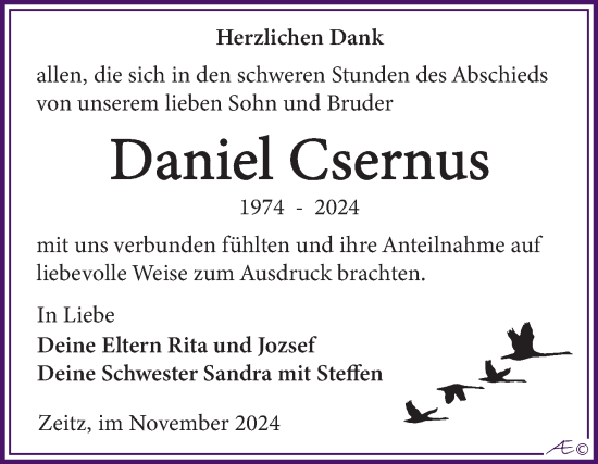 Traueranzeige von Daniel Csernus von Trauerkombi Zeitz